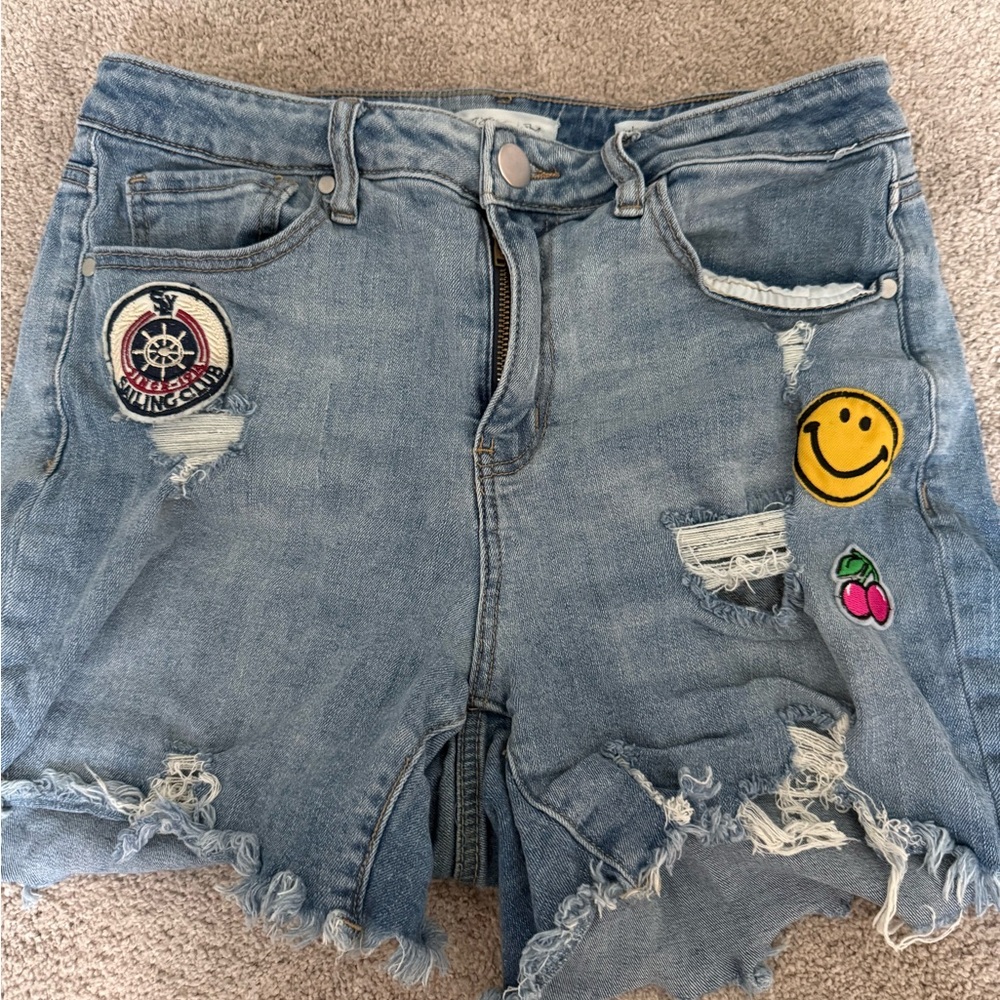 Blue Distressed Jean Shorts with Fun Patches